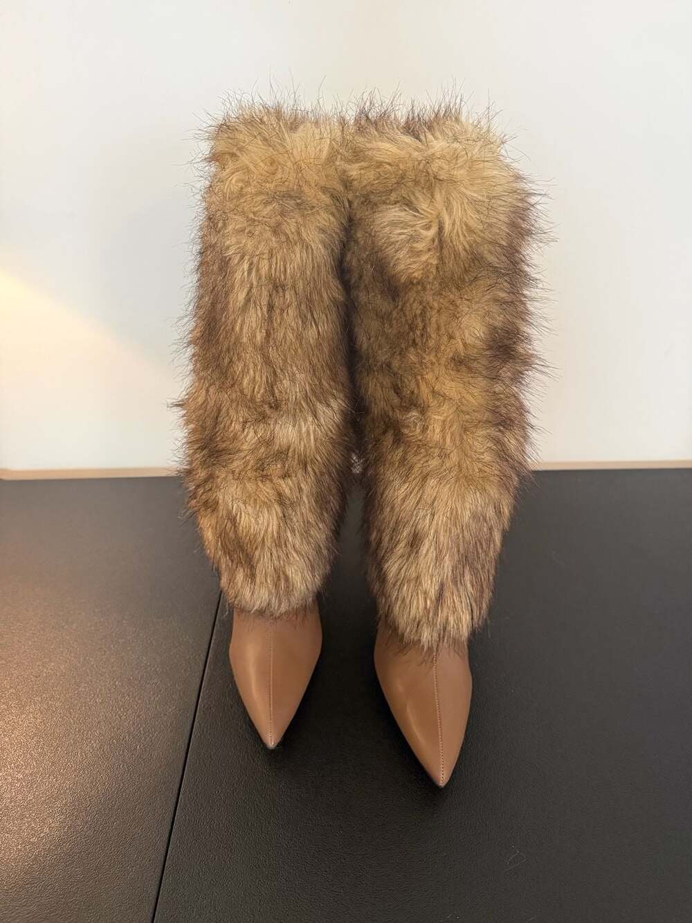 Faux Fur Trim Pointed Toe Stiletto Boots Size 9